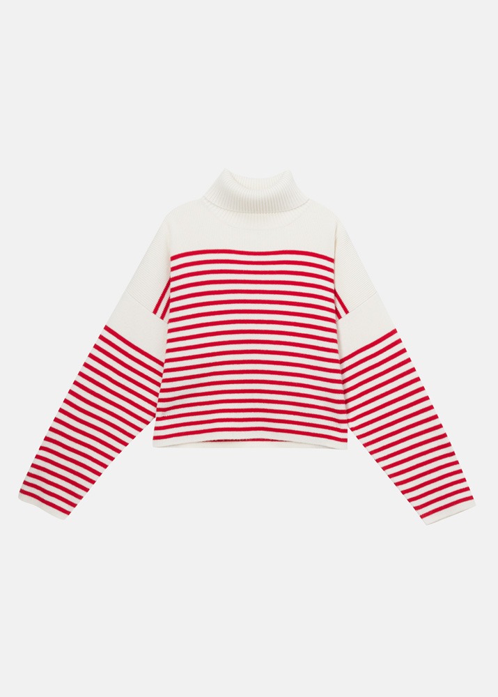 [HIMALAYAN CASHMERE] Striped T-neck Sweater Red
